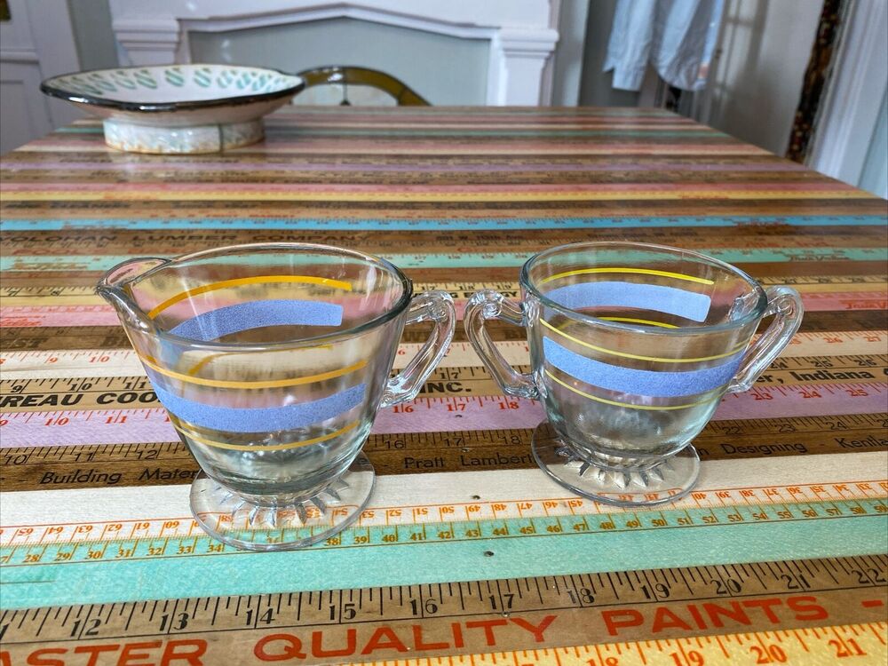 VINTAGE Depression Glass Clear w/Blue & Gold Stripes Cream & Sugar Set